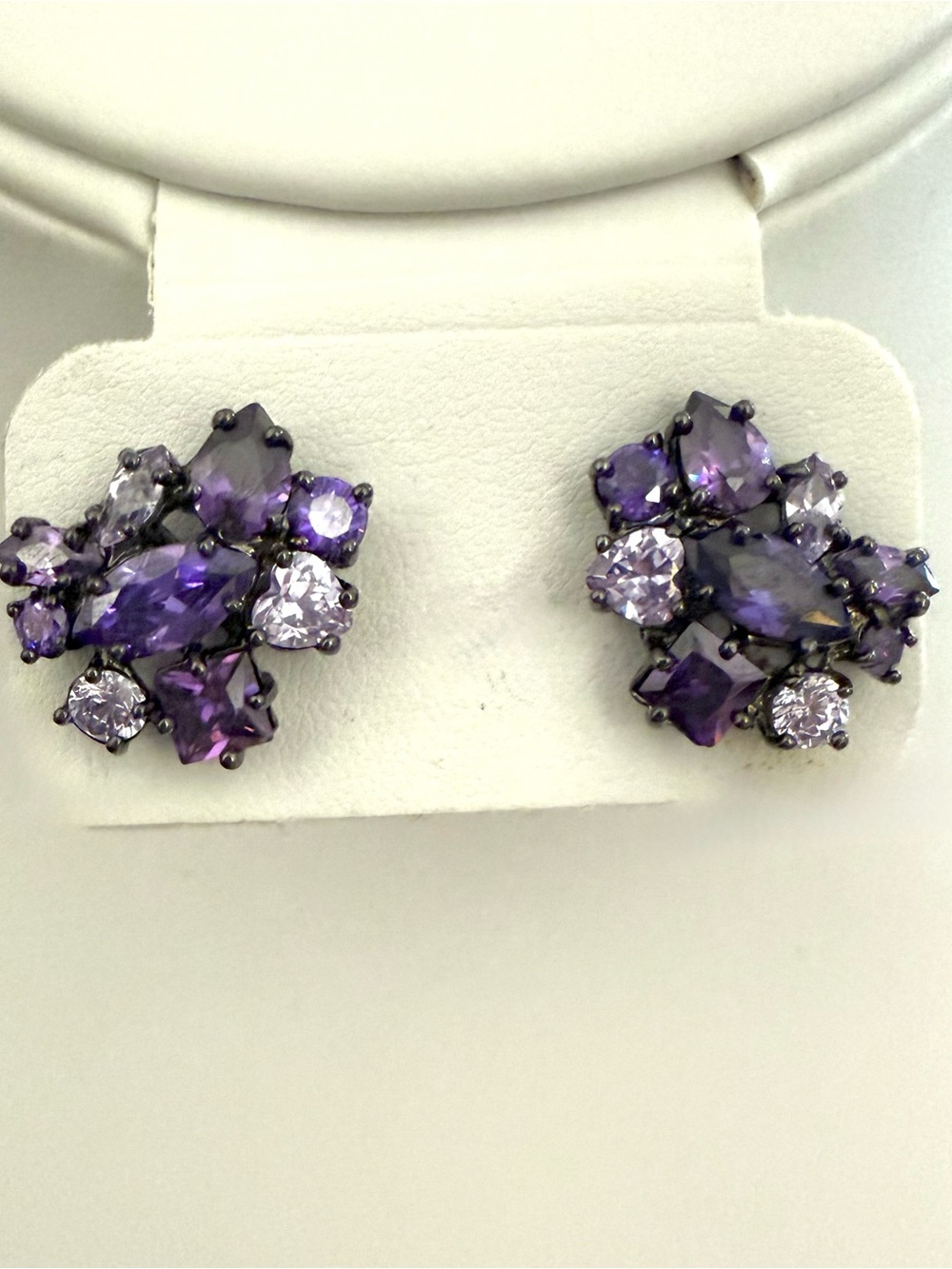 Signed Givenchy Purple Rhinestone Cluster Stud Earrings Gunmetal Vintage
